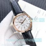 Great Review Style Clone Omega Seamaster White Dial Black Leather Strap Men's Watch
